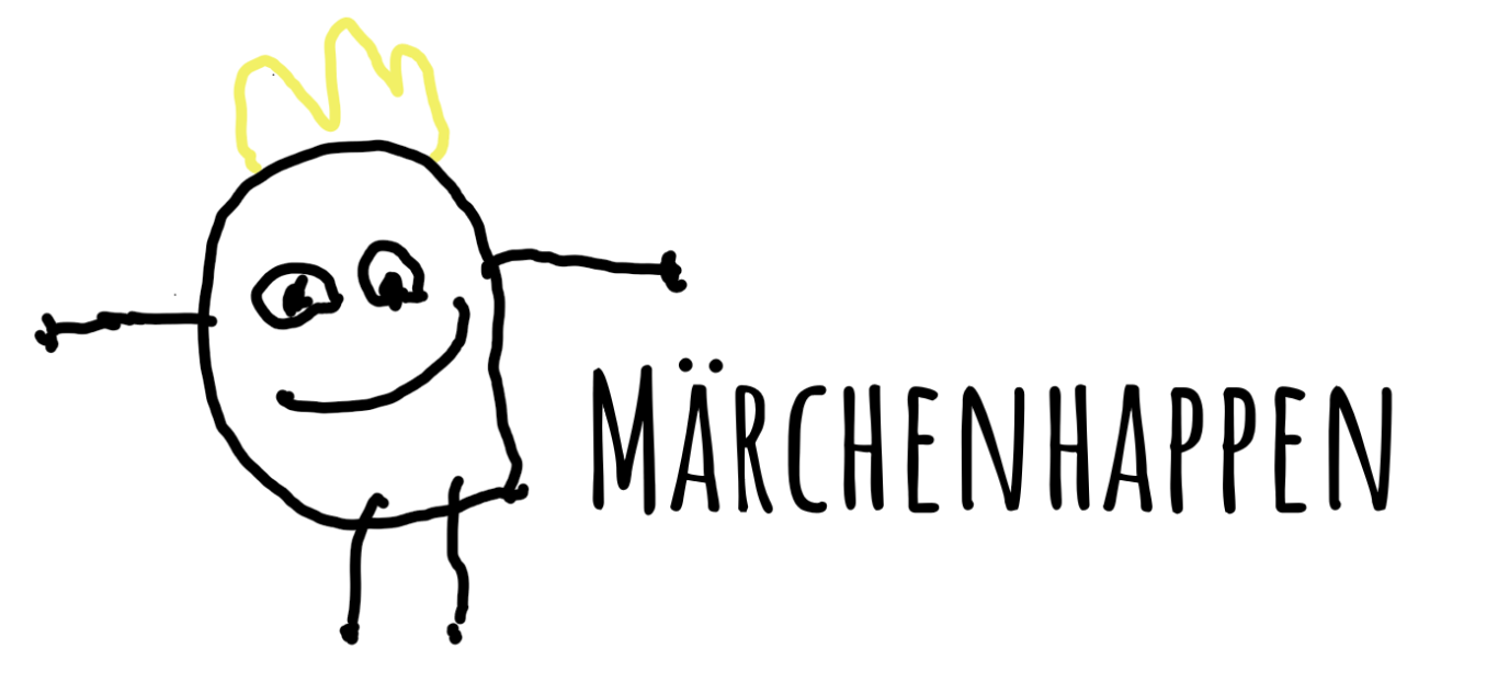 Lächelnder phantasievoller Kartoffelkönig und dem Schriftzug „Märchenhappen“ daneben.