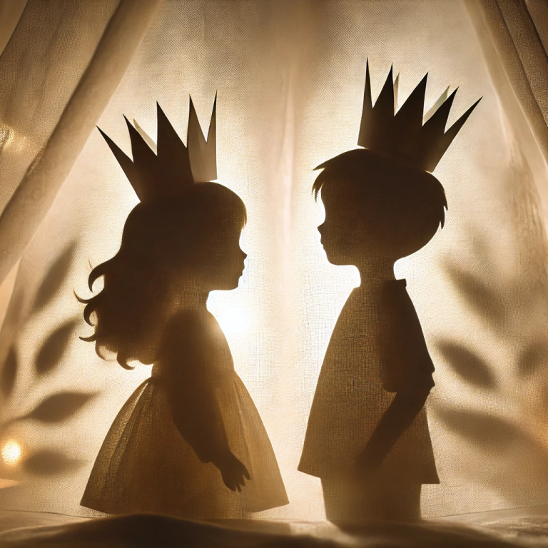 Silhouetten von einem Jungen und einem Mädchen mit Kronen, im sanften Licht.