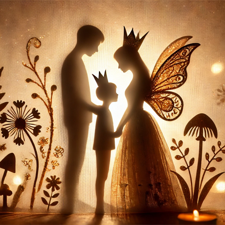 Schatten von Eltern und Kind, umgeben von Blumen und einer Elfe mit Flügeln.